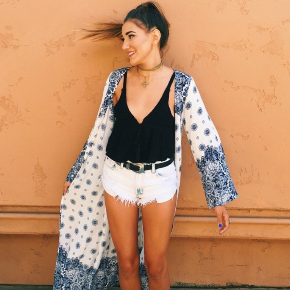 LF white paisley bell sleeve kimono / duster